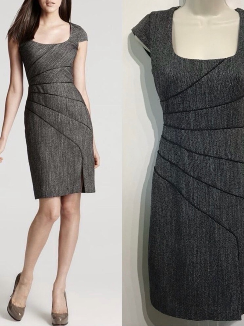 Black Halo Sorel Tweed Gray Square Scoop Neck Front Split Office Sheath Dress 2